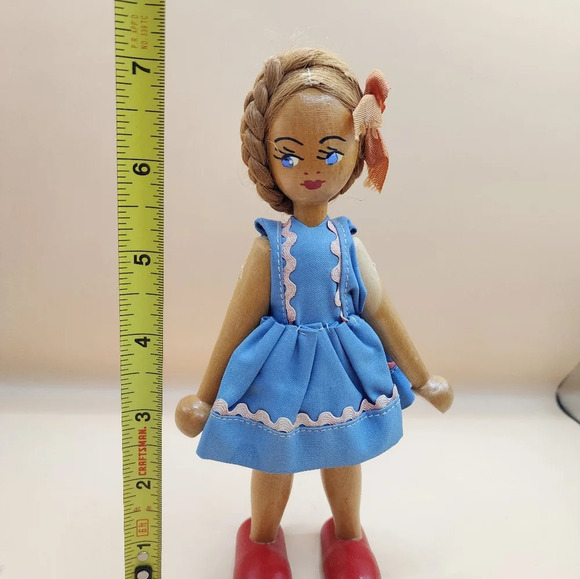 Vintage 50's Polish Wooden Peg Doll Blonde Hair Blue Eyes Moveable Arms - Picture 7 of 7